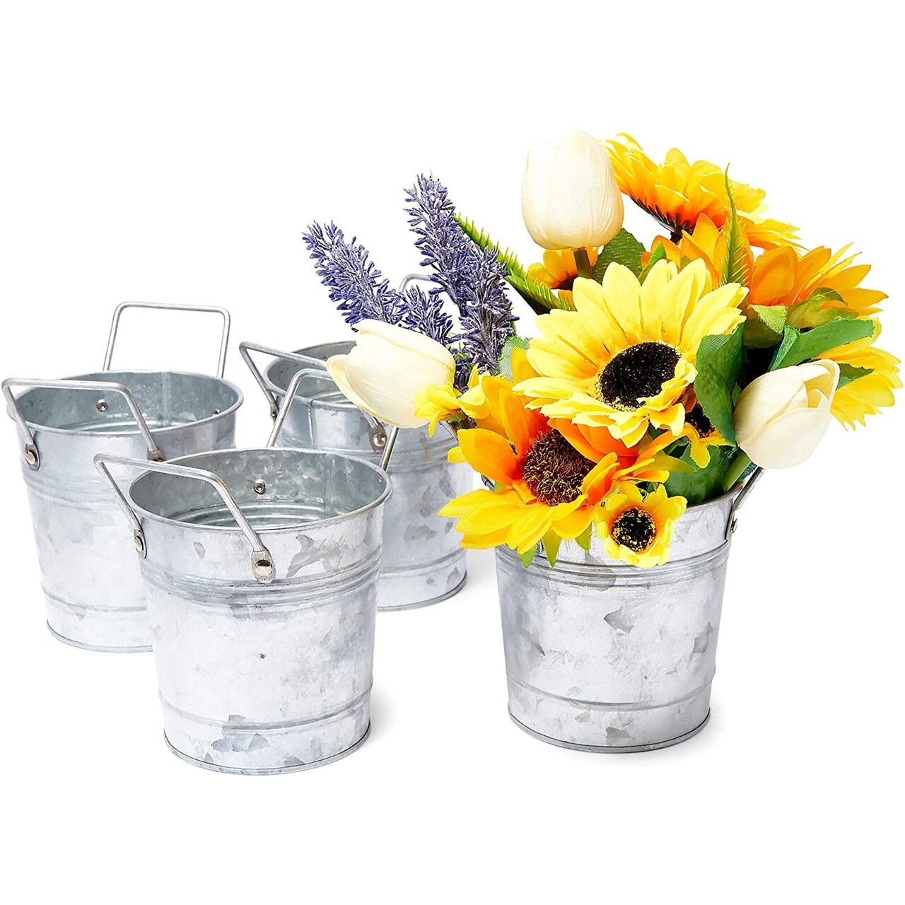 4 Pack Mini Galvanized Buckets with Handles, Farmhouse Home Decor Planter (5.4 In)